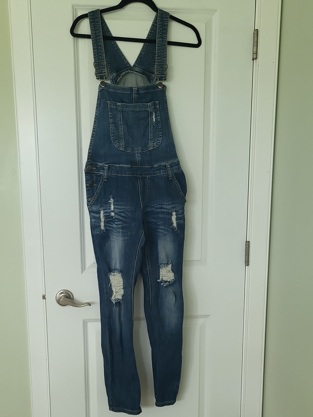 Machine Distressed Denim Overalls - Blue